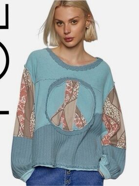 New: POL Boho Patchwork Peace Sign Mixed Texture Detail Balloon Sleeve Top• M
